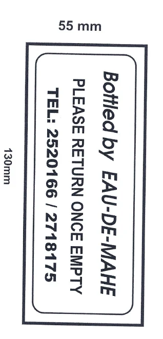 Hidden Spring bottle label — bottled by EAU-DE-MAHE, please return once empty